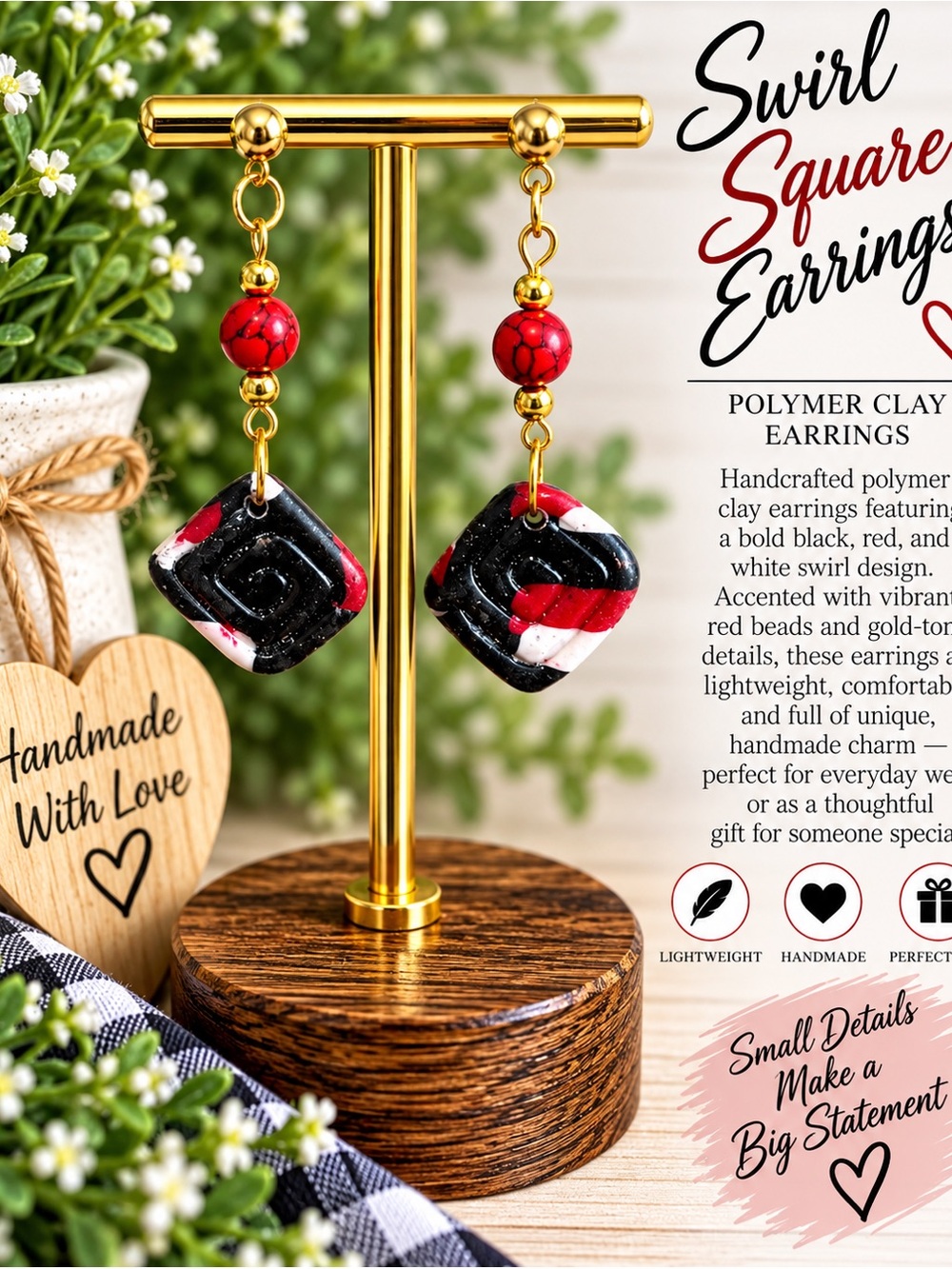 Handmade Swirl Square Earrings in Black & Red with Gold Accents